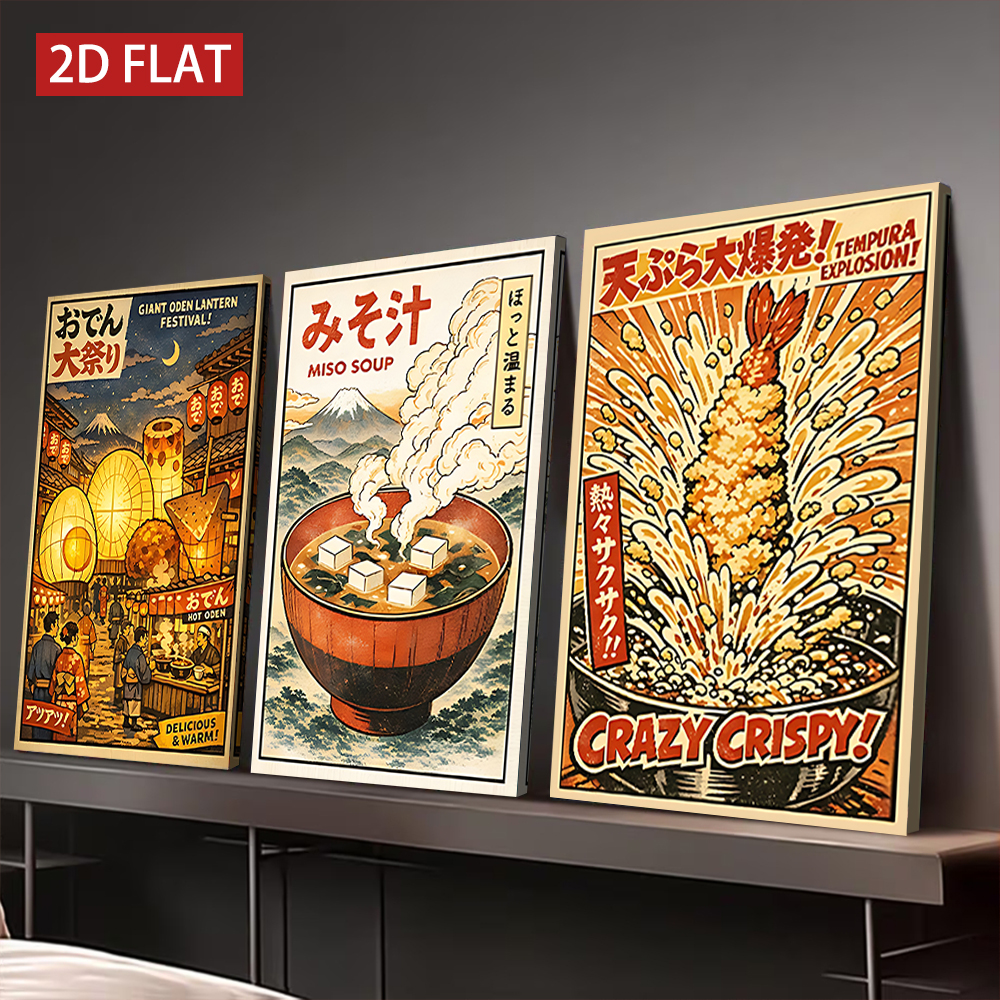 3 Counts Wooden Framed Canvas  - Japanese Lifestyle And Food avaliação e preço