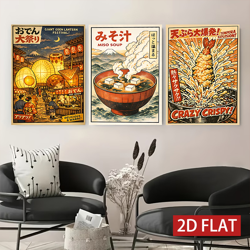 3 Counts Wooden Framed Canvas  - Japanese Lifestyle And Food avaliação e preço