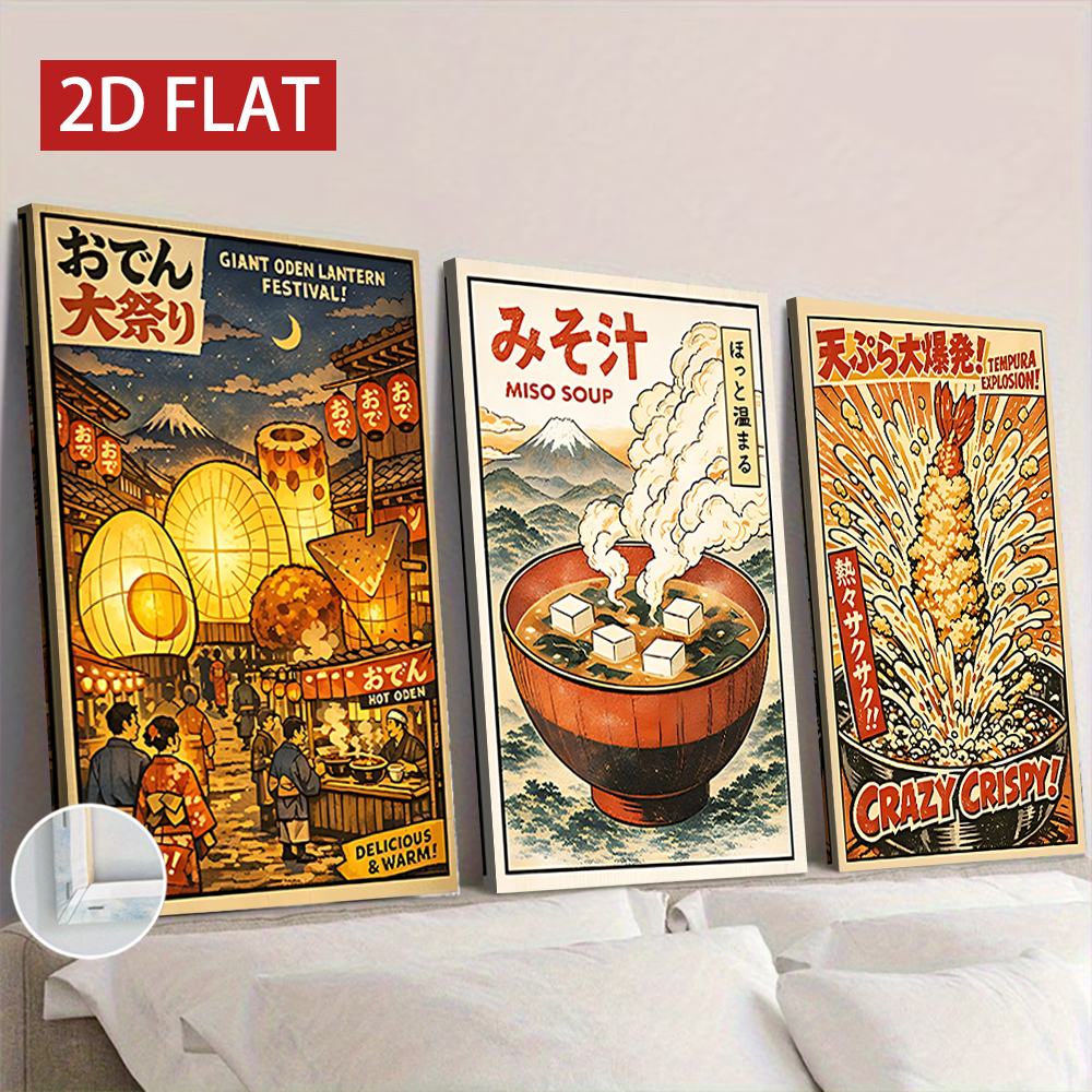 3 Counts Wooden Framed Canvas  - Japanese Lifestyle And Food avaliação e preço